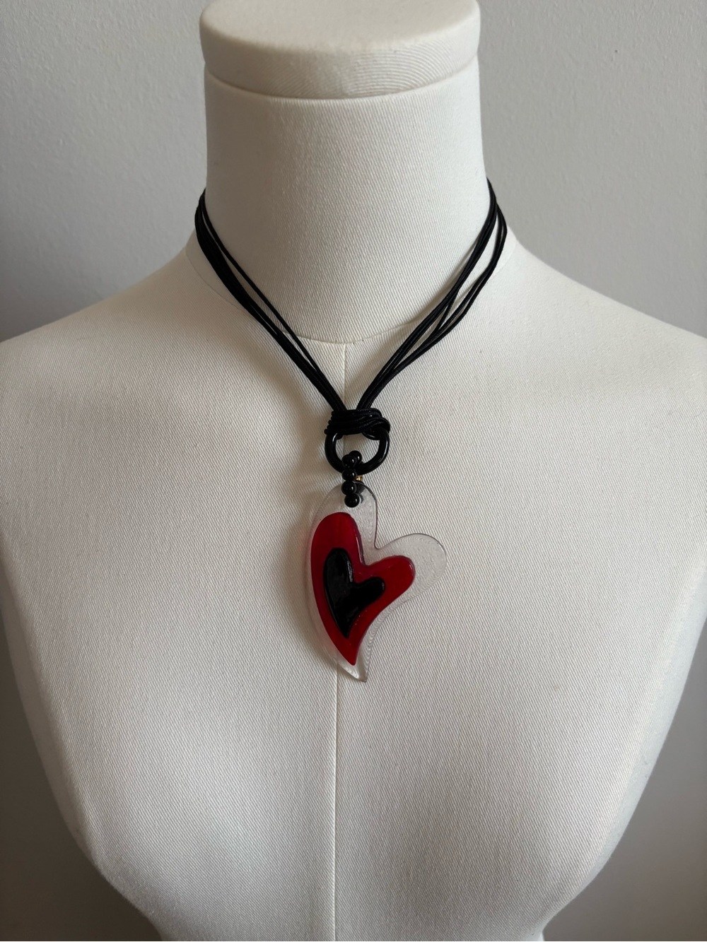 Red and Black Heart Pendant Necklace on Black Cord - Women Jewelry